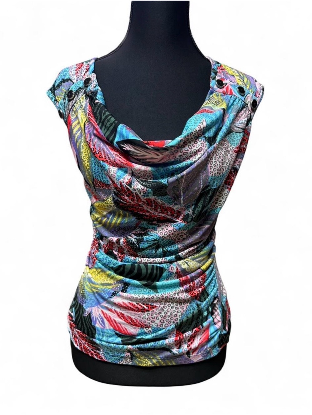 Y2K Colorful Abstract Print Cowl Neck Ruched Top PM Tropical Fairy Grunge Boho